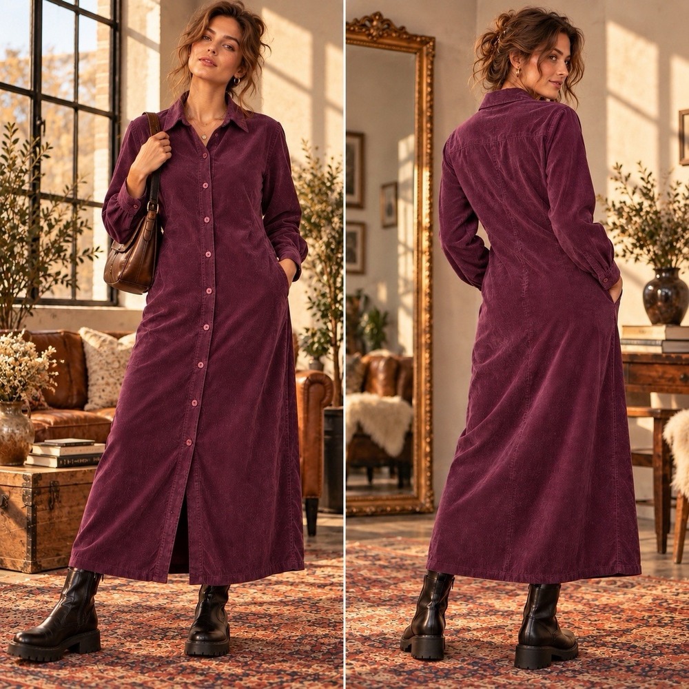 LL Bean Vintage Womens 10 Plum Corduroy Maxi Shirt Dress 90s Button Front Grunge